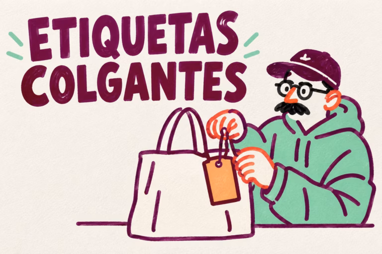 Creativo ilustrado colocando una etiqueta colgante en una bolsa