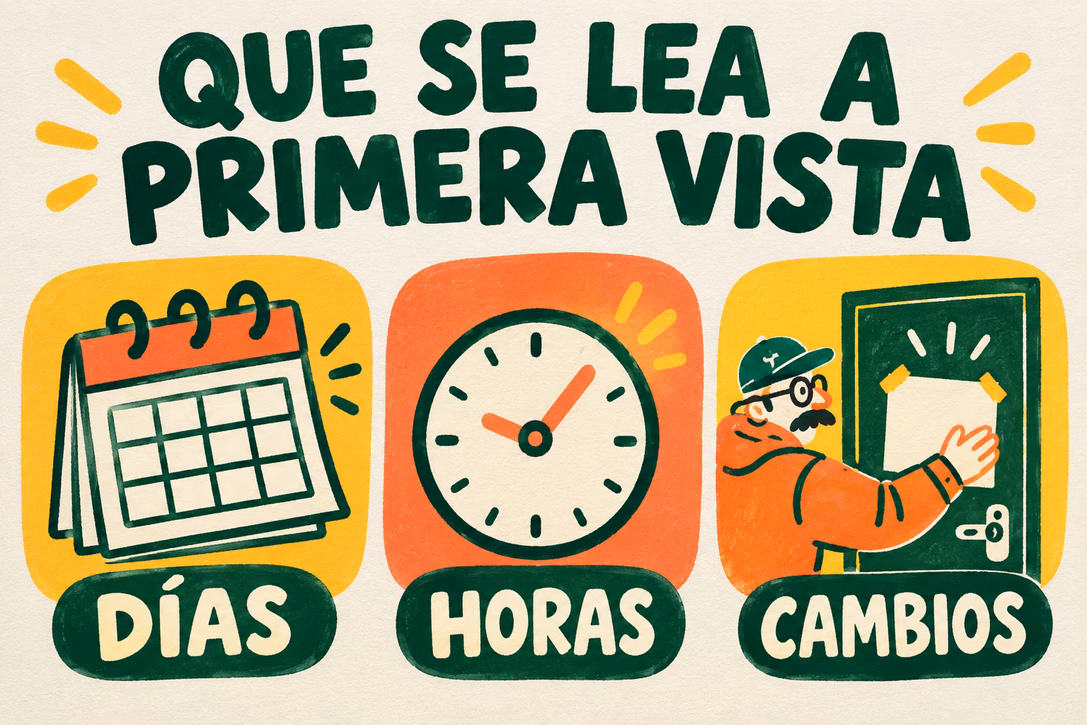 Infografía ilustrada sobre días, horas y cambios en un cartel de horario