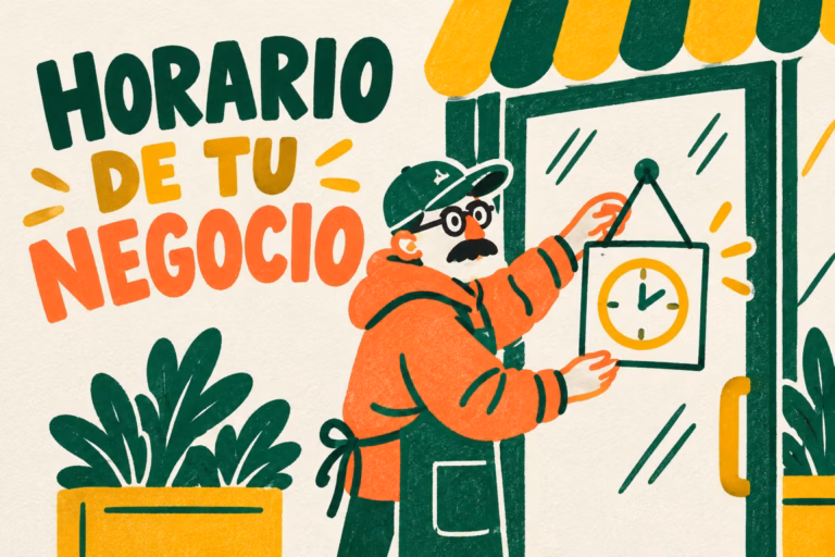 Creativo ilustrado colocando un cartel de horario en la puerta de un negocio