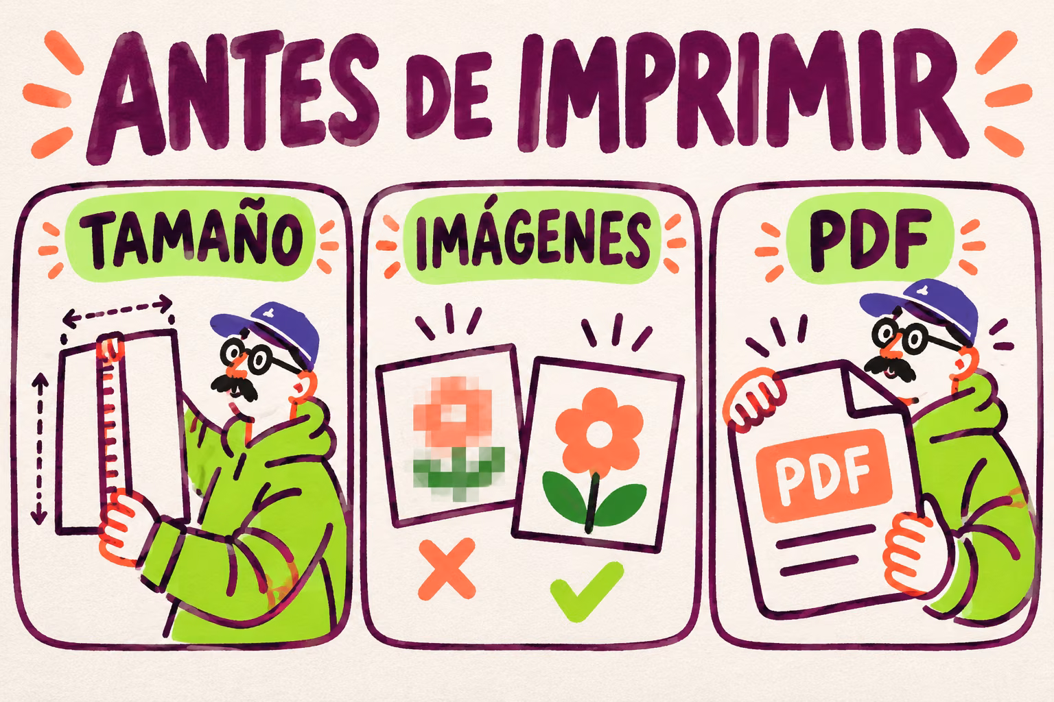 Infografía con tres revisiones antes de imprimir: tamaño, imágenes y PDF