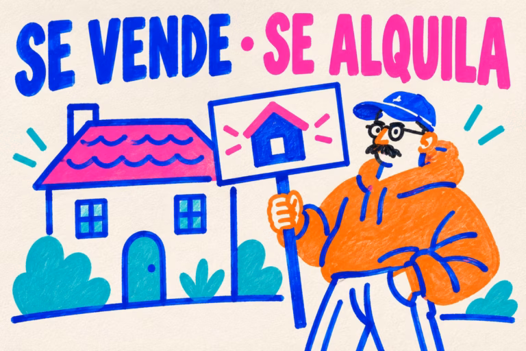 Creativo ilustrado mostrando un cartel de venta y alquiler junto a una casa