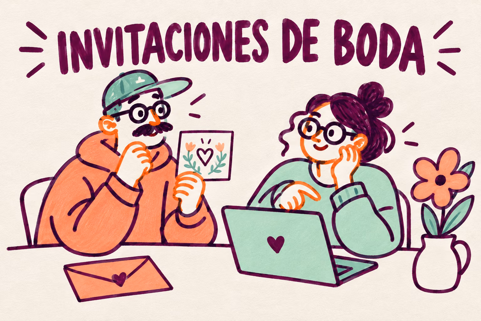 Pareja ilustrada preparando una invitación de boda junto a un portátil, un sobre y flores