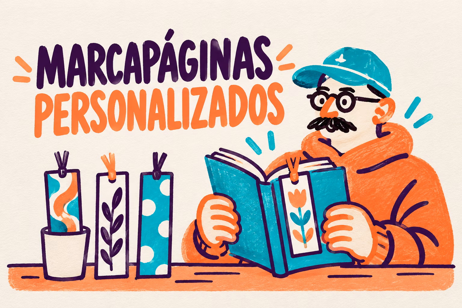 Creativo ilustrado leyendo un libro junto a marcapáginas de colores