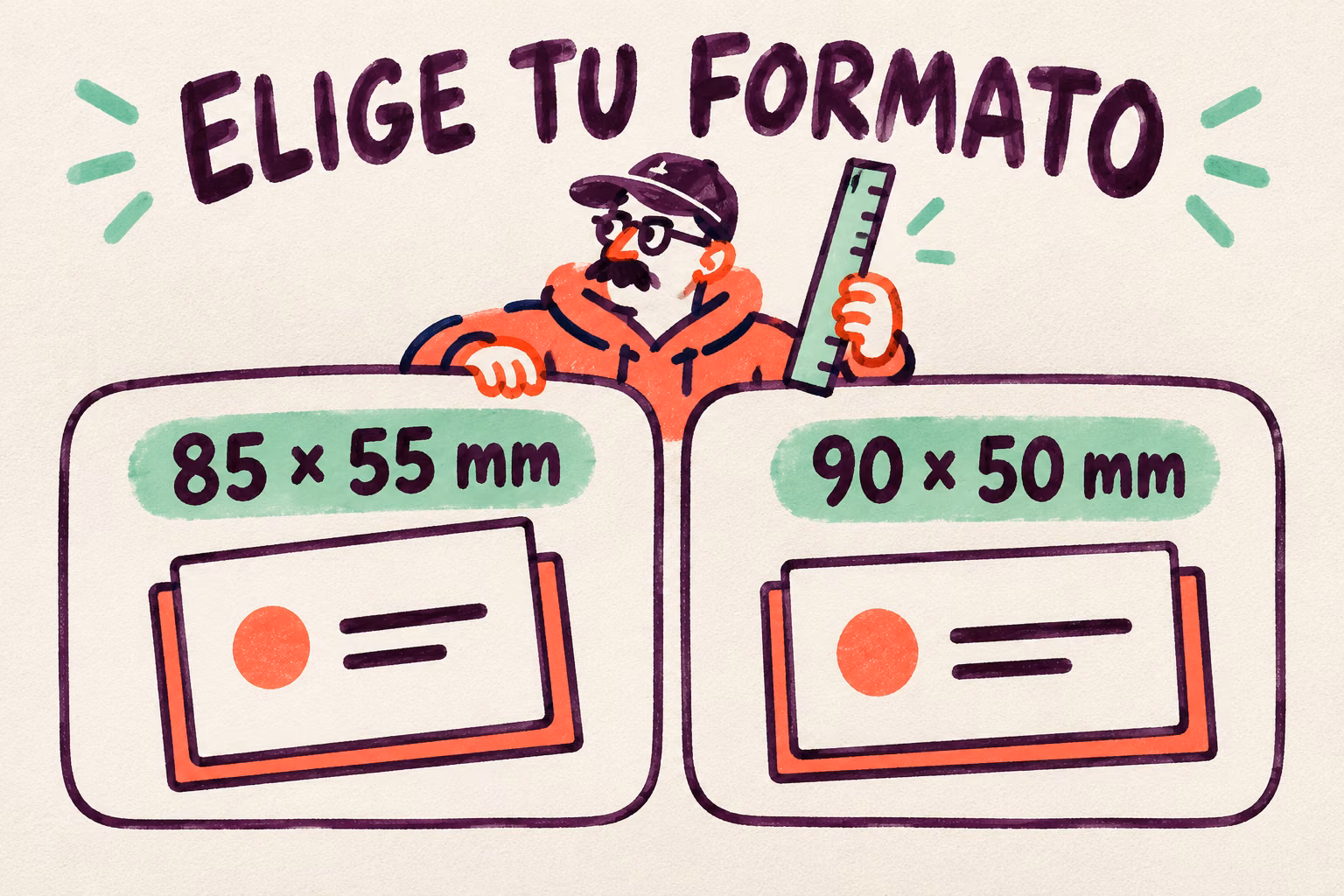 Comparación ilustrada de tarjetas de 85 por 55 y 90 por 50 milímetros