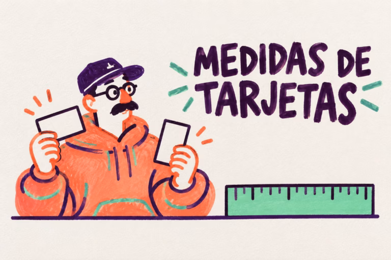Diseñador ilustrado comparando dos tarjetas de visita con una regla