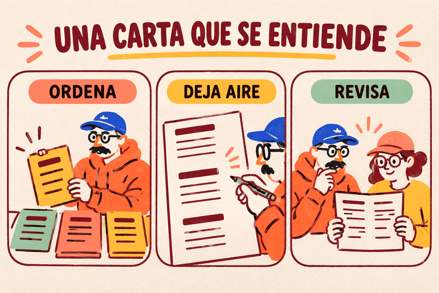 Infografía ilustrada de tres claves para una carta legible: ordenar, dejar espacio y revisar