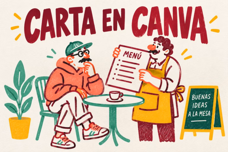 Ilustración de un creativo y una persona de un restaurante diseñando una carta en tonos coral, burdeos y amarillo