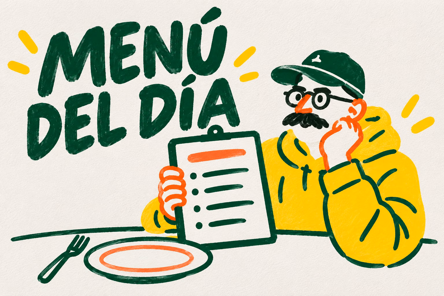 Creativo ilustrado mostrando un menú del día junto a un plato
