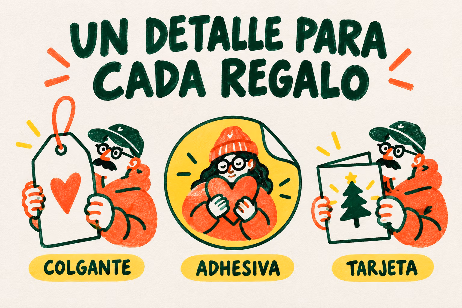 Tres piezas navideñas: etiqueta colgante, adhesiva y tarjeta interior