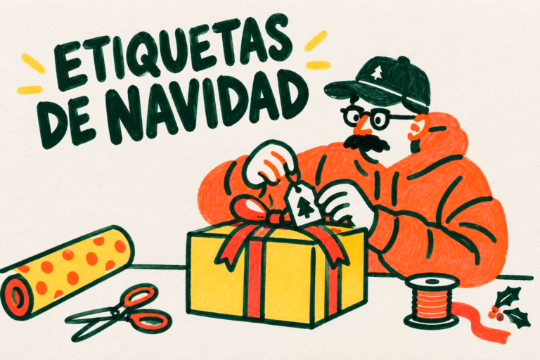 Persona ilustrada envolviendo un regalo y añadiendo una etiqueta navideña