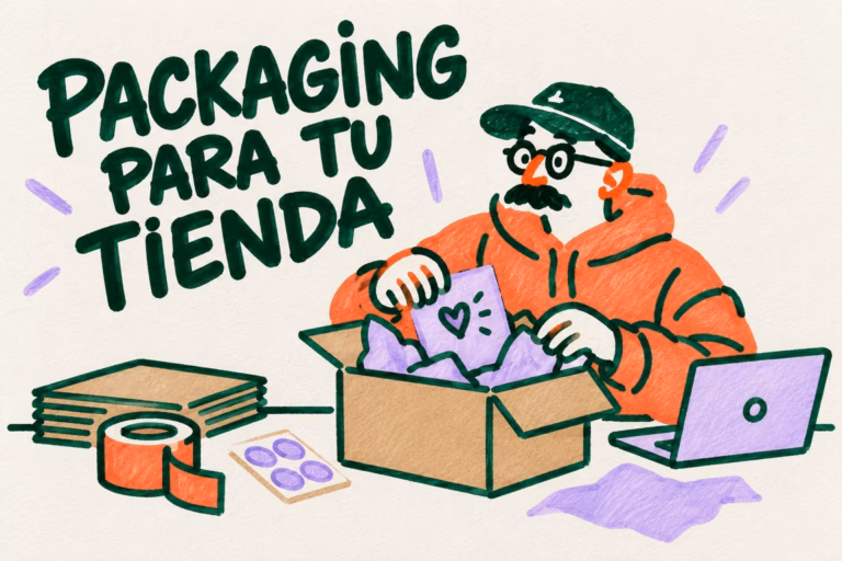 Comerciante ilustrado preparando una caja de envío con detalles de marca