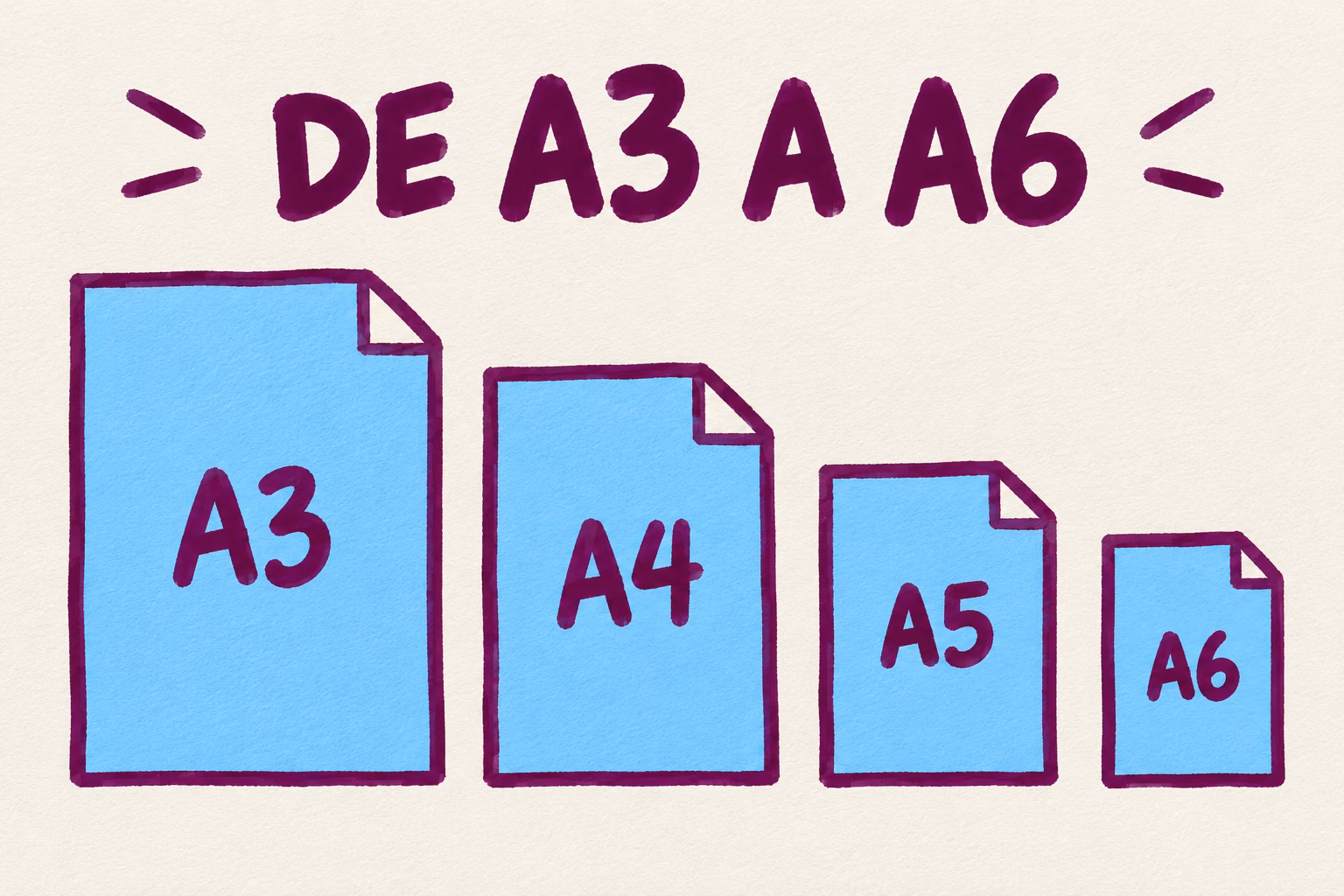 Hojas ilustradas A3, A4, A5 y A6 de mayor a menor