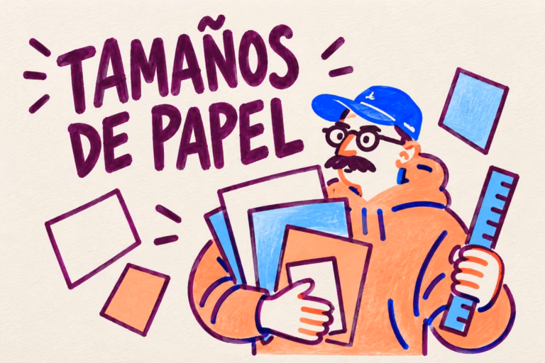 Persona ilustrada comparando hojas de distintos tamaños con una regla
