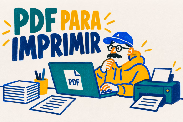 Creativo ilustrado revisando un PDF junto a una impresora