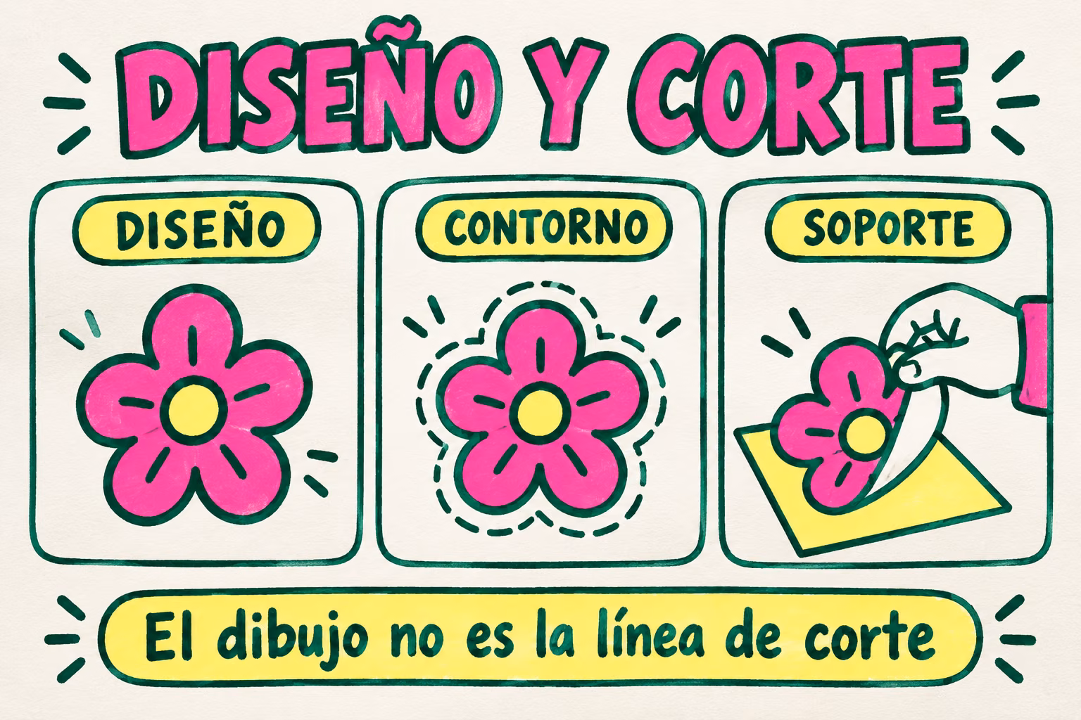 Infografía que diferencia diseño, contorno de corte y soporte de una pegatina