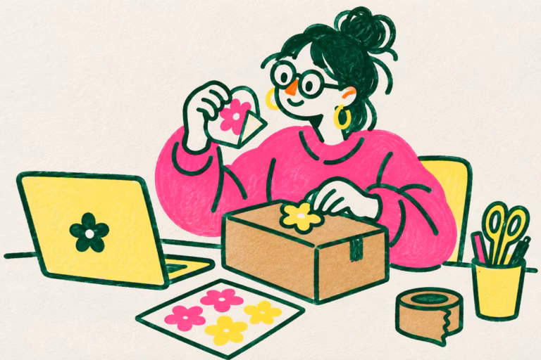 Ilustración de una creativa aplicando una pegatina con forma de flor en una caja