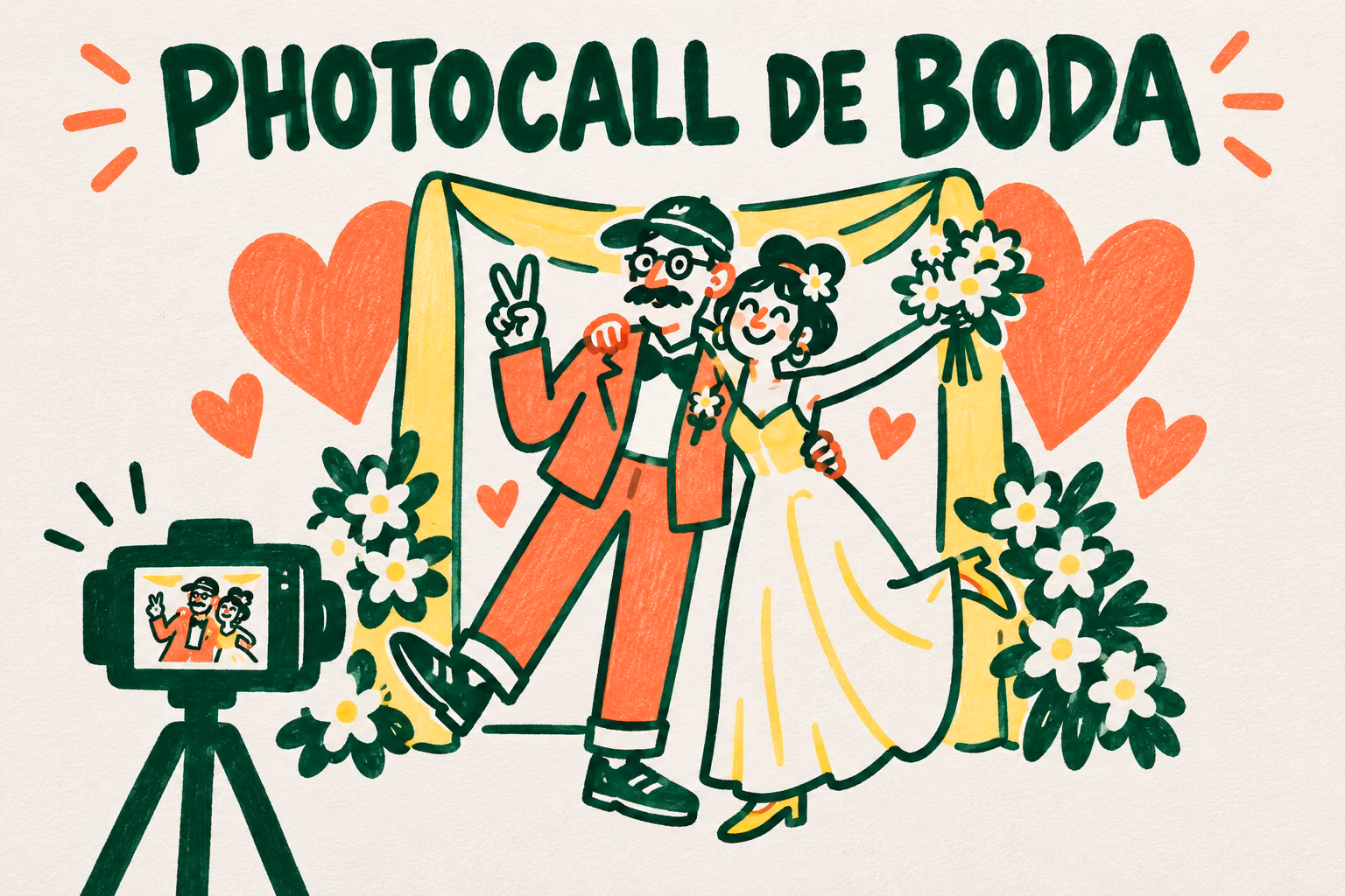 Pareja ilustrada posando ante un photocall de boda con flores y una cámara