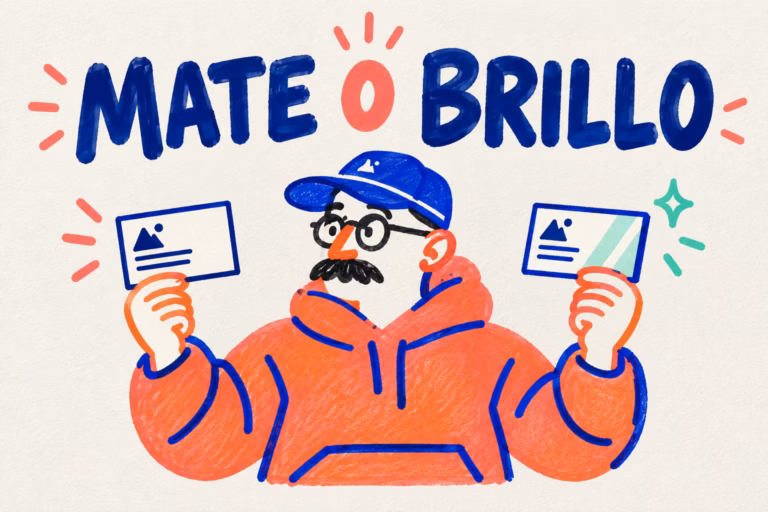 Creativo ilustrado comparando tarjetas con acabado mate y brillo