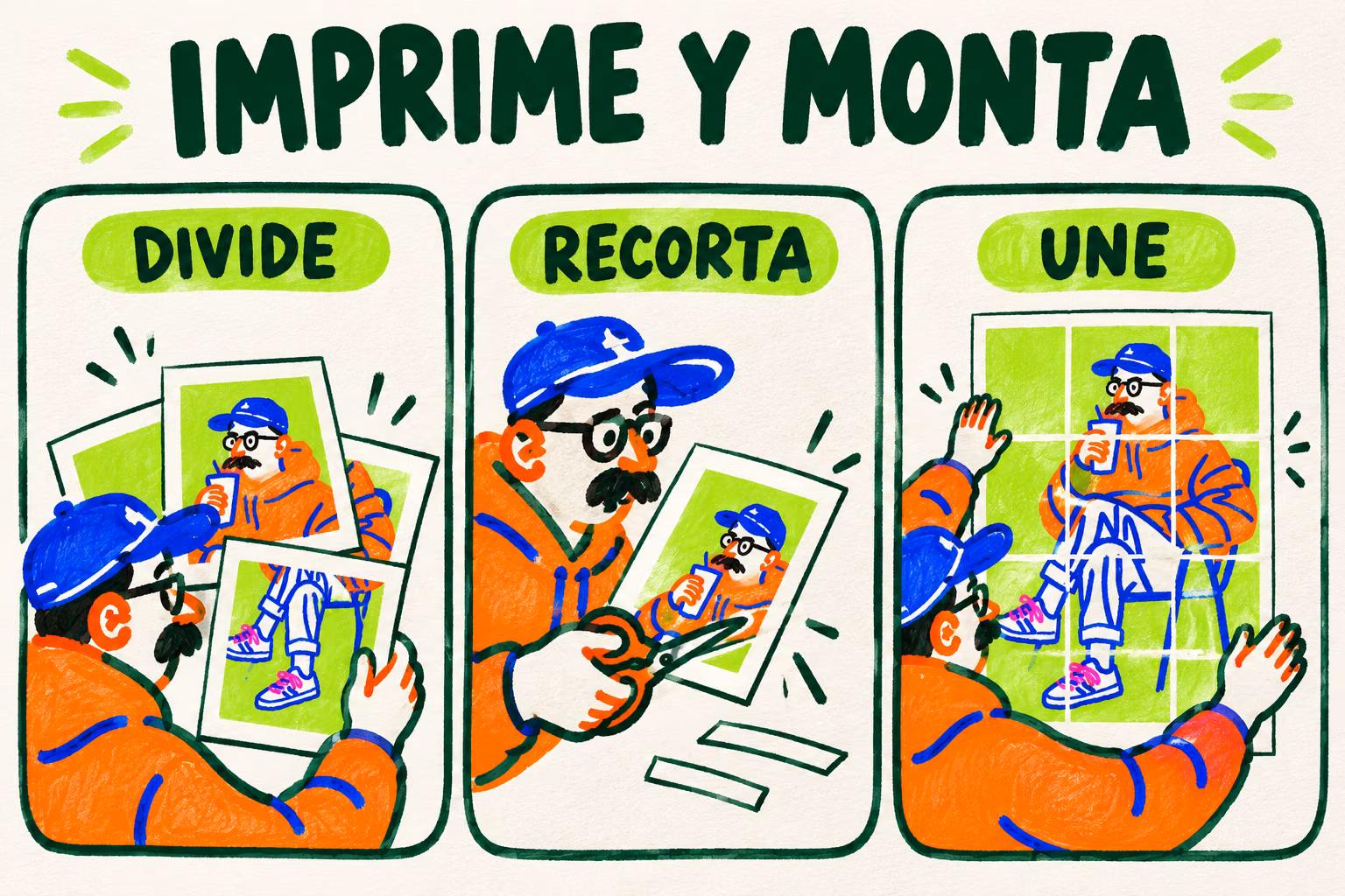 Infografía ilustrada de tres pasos para un póster en varias hojas: dividir, recortar y unir