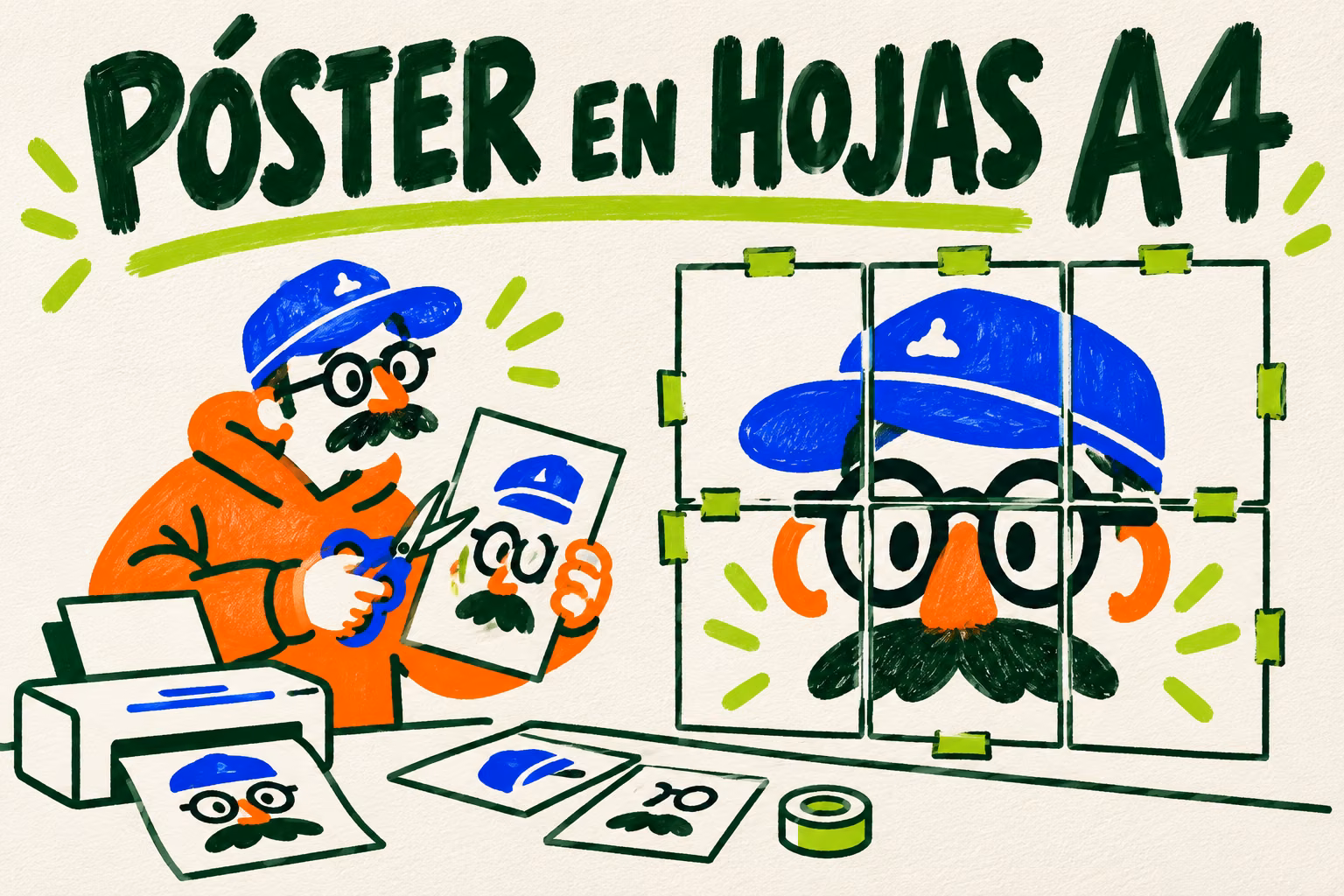 Creativo ilustrado montando un póster con varias hojas A4 junto a una impresora en tonos verde, naranja y azul