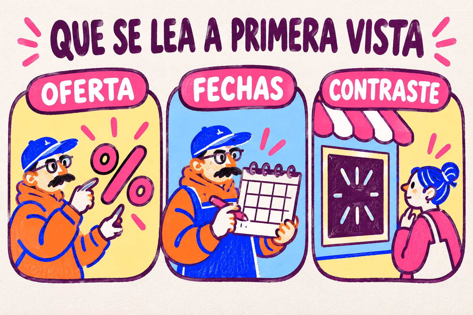 Infografía ilustrada de un cartel de rebajas: oferta, fechas y contraste