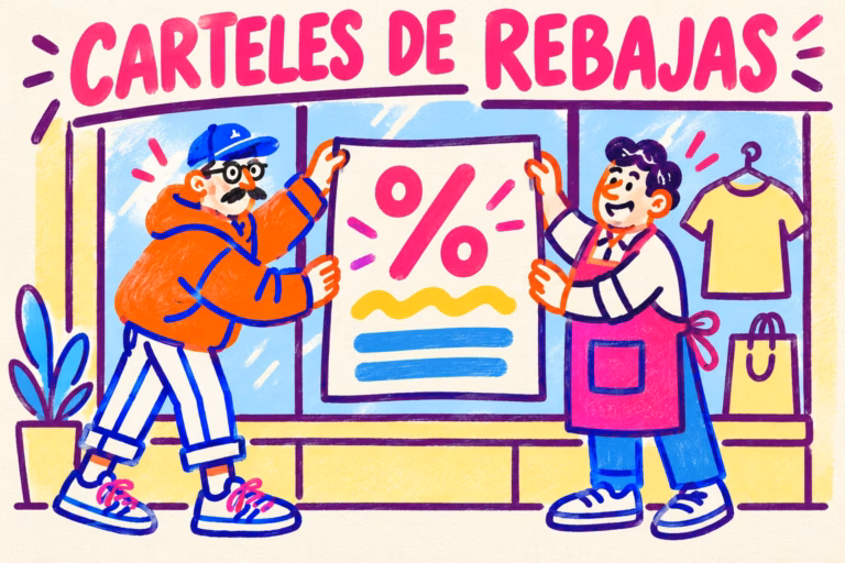 Creativo y comerciante ilustrados colocando un cartel de rebajas en un escaparate en tonos rosa, amarillo y azul