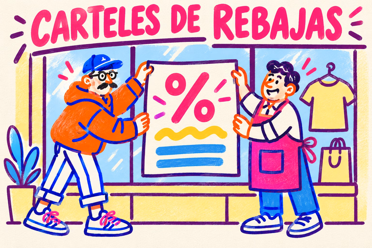 Creativo y comerciante ilustrados colocando un cartel de rebajas en un escaparate en tonos rosa, amarillo y azul