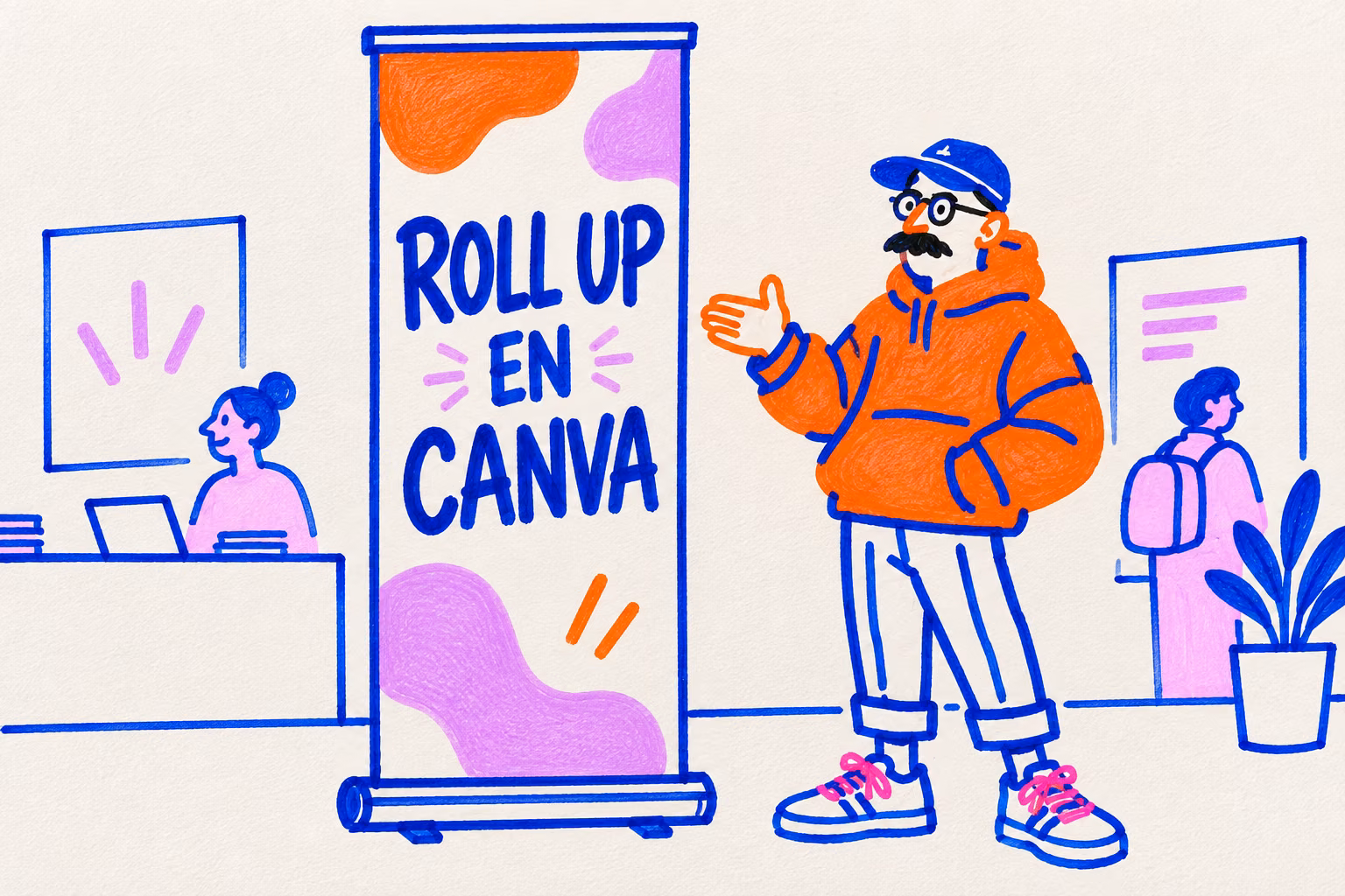 Persona ilustrada junto a un roll up en una feria