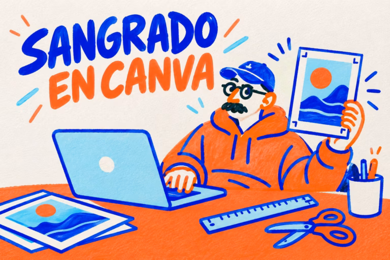 Creativo ilustrado revisando un flyer con una regla y tijeras junto a un portátil
