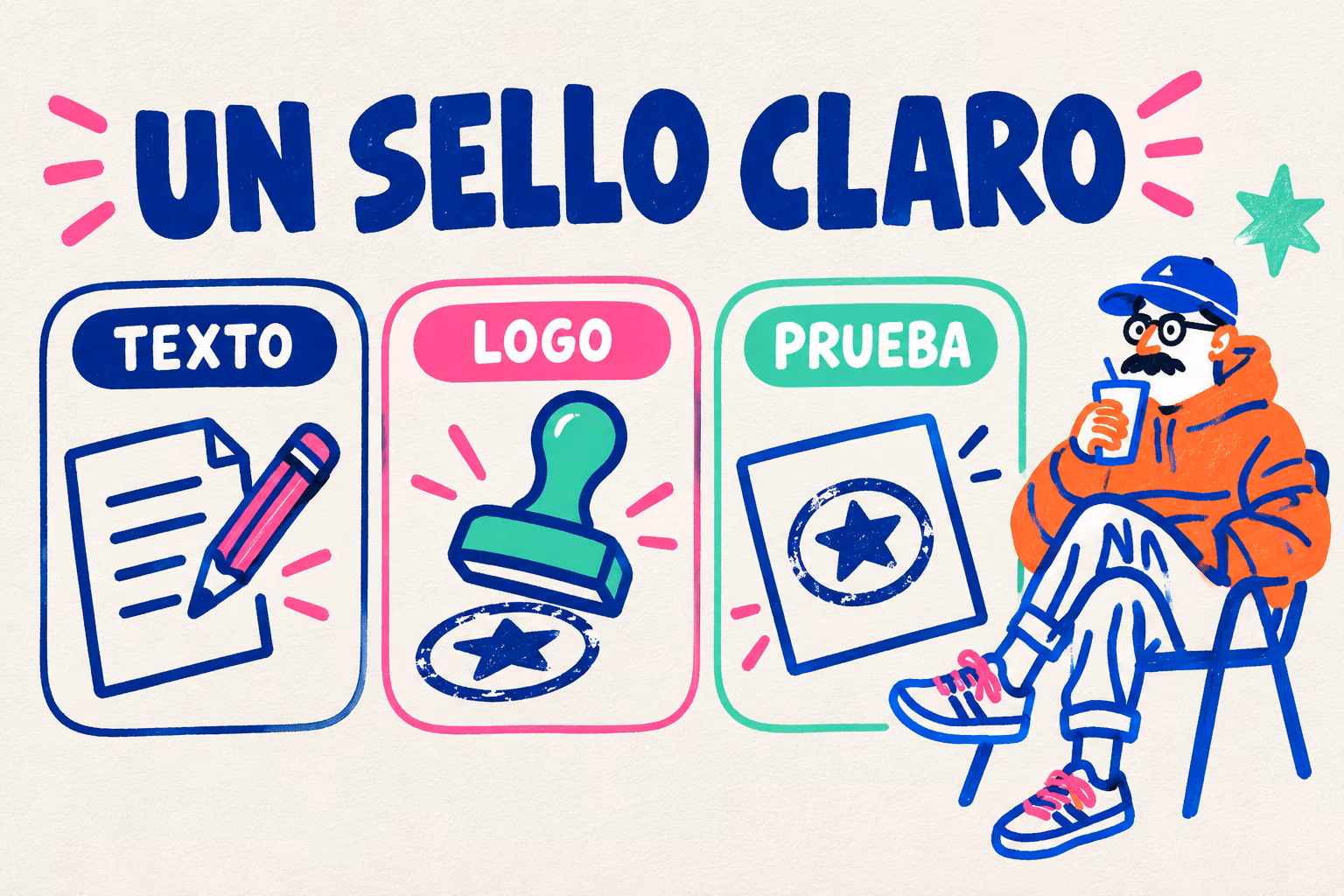 Infografía ilustrada para un sello legible: texto, logo y prueba