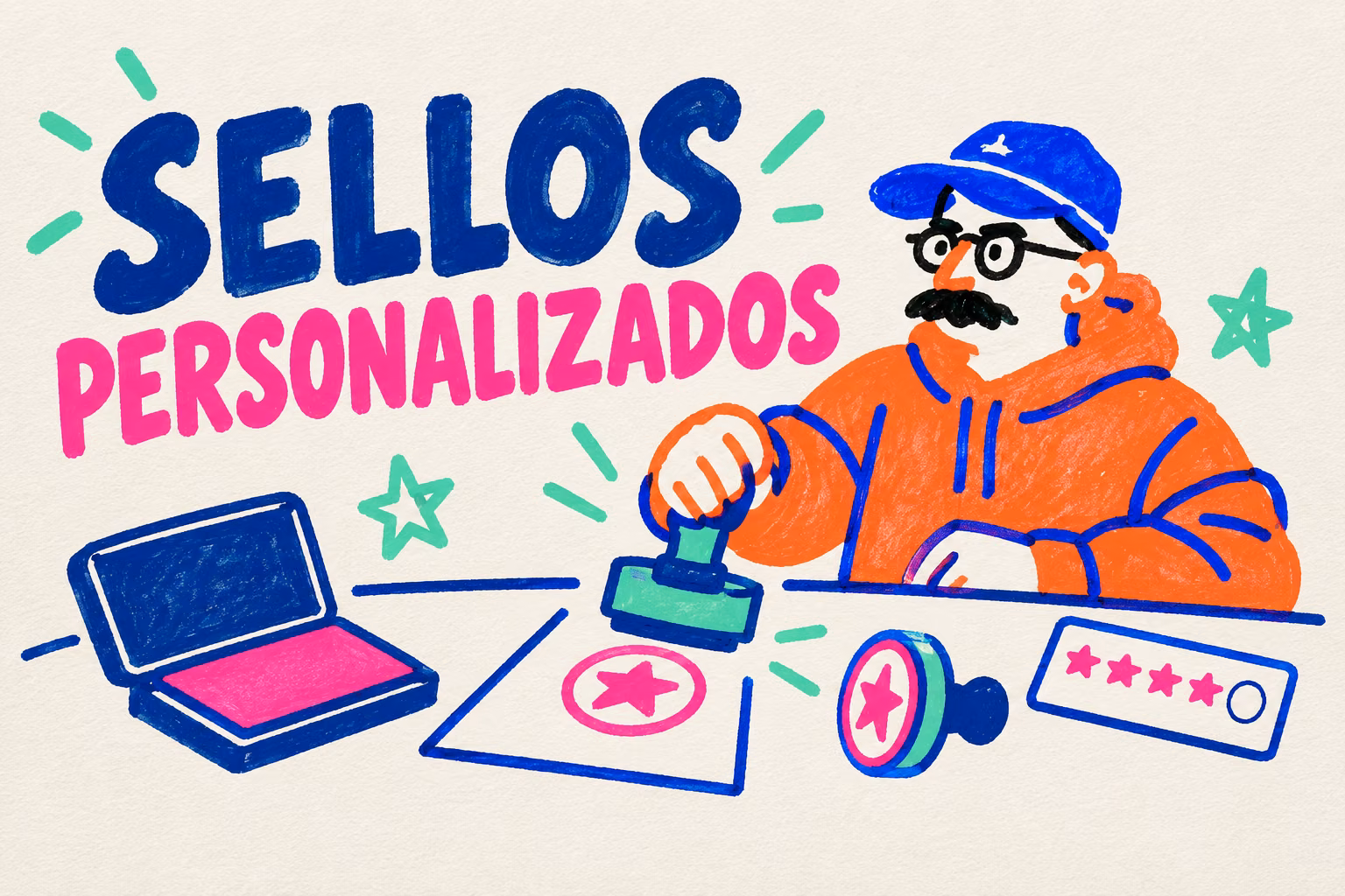 Creativo ilustrado estampando una estrella en papel junto a sellos y una tarjeta