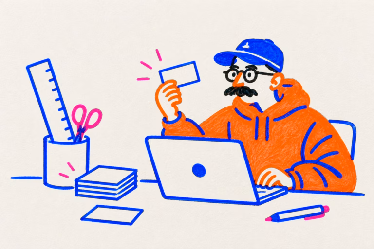 Ilustración de un creativo preparando tarjetas de visita en su ordenador