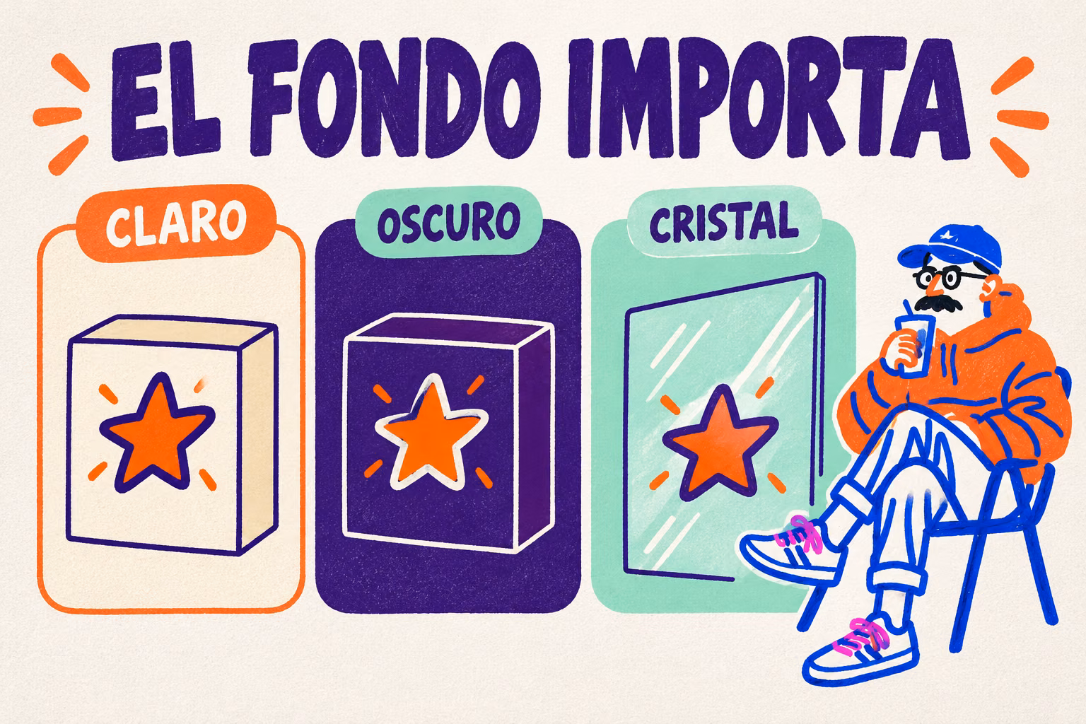 Infografía de etiquetas transparentes sobre superficies claras, oscuras y cristal