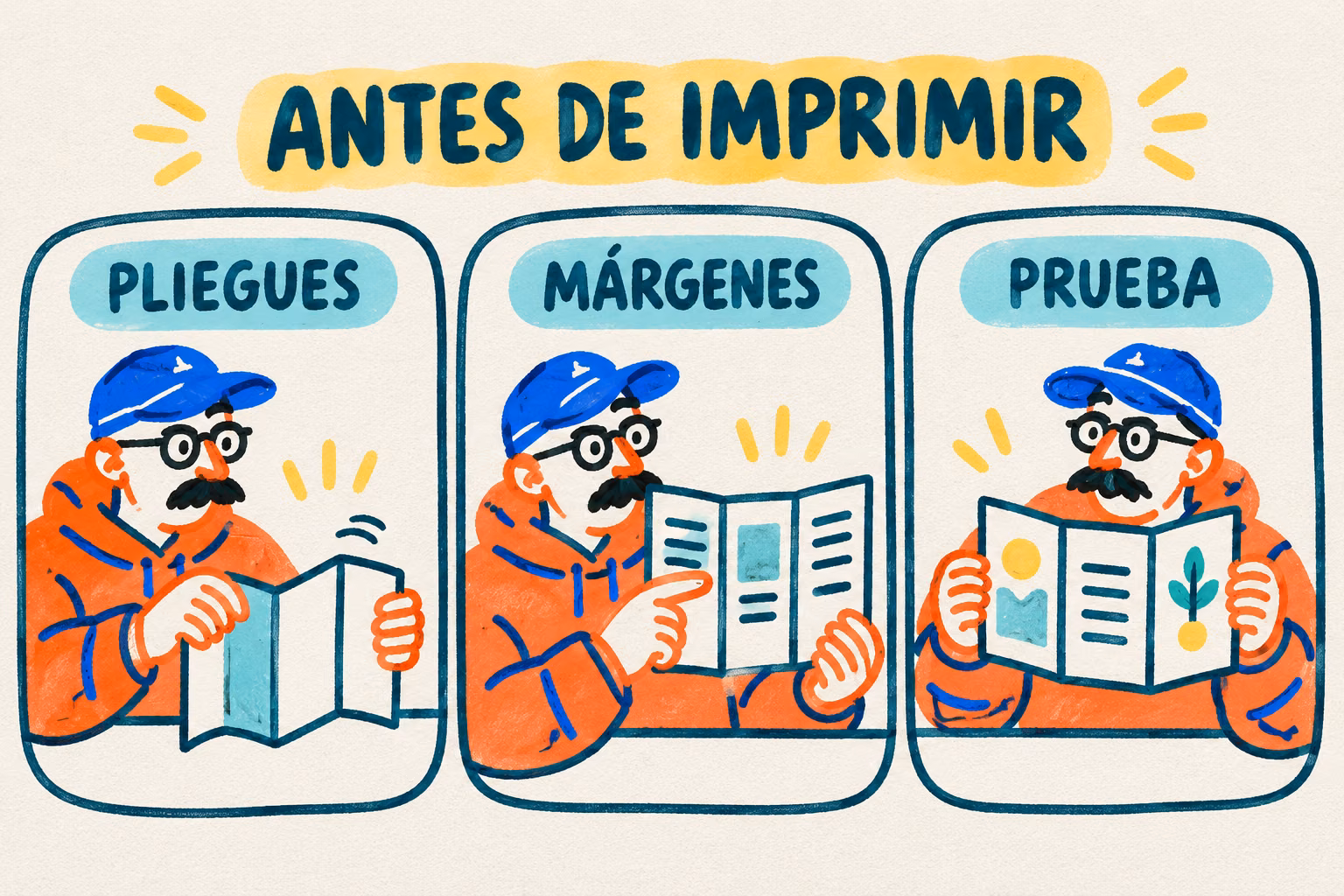 Infografía ilustrada de las comprobaciones de un tríptico: pliegues, márgenes y prueba en papel