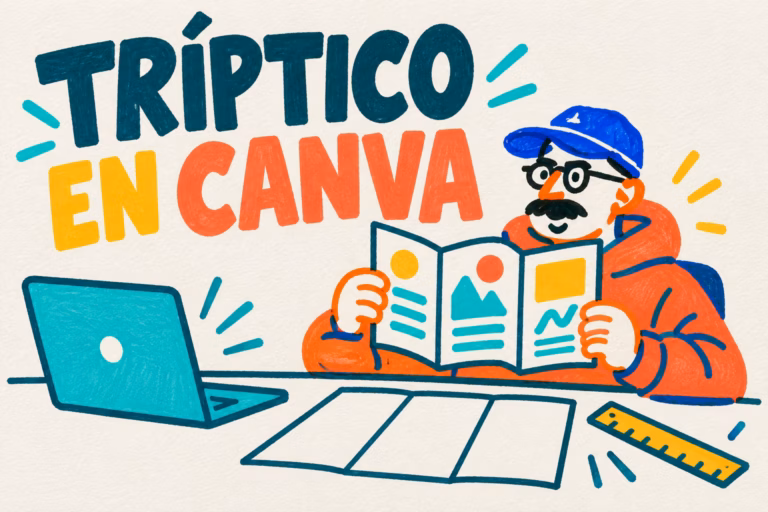 Creativo ilustrado mostrando un folleto de tres paneles junto a un ordenador y una regla en tonos turquesa y coral