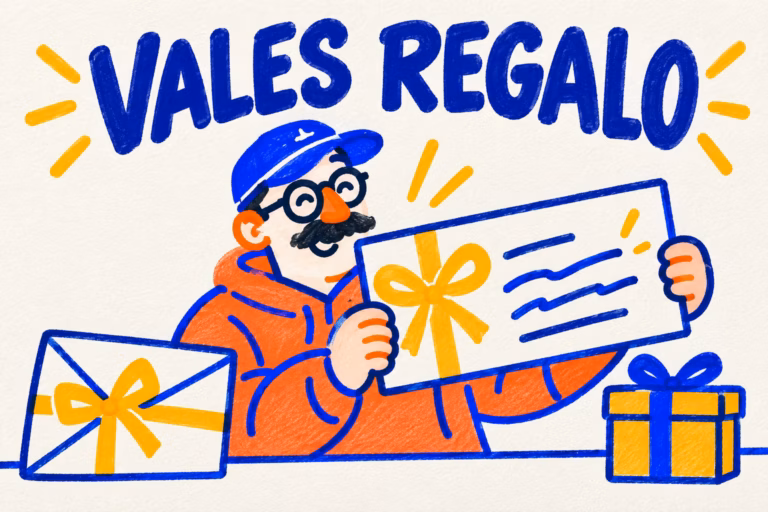 Creativo ilustrado sosteniendo un vale regalo junto a un sobre y una caja en tonos azul, naranja y amarillo