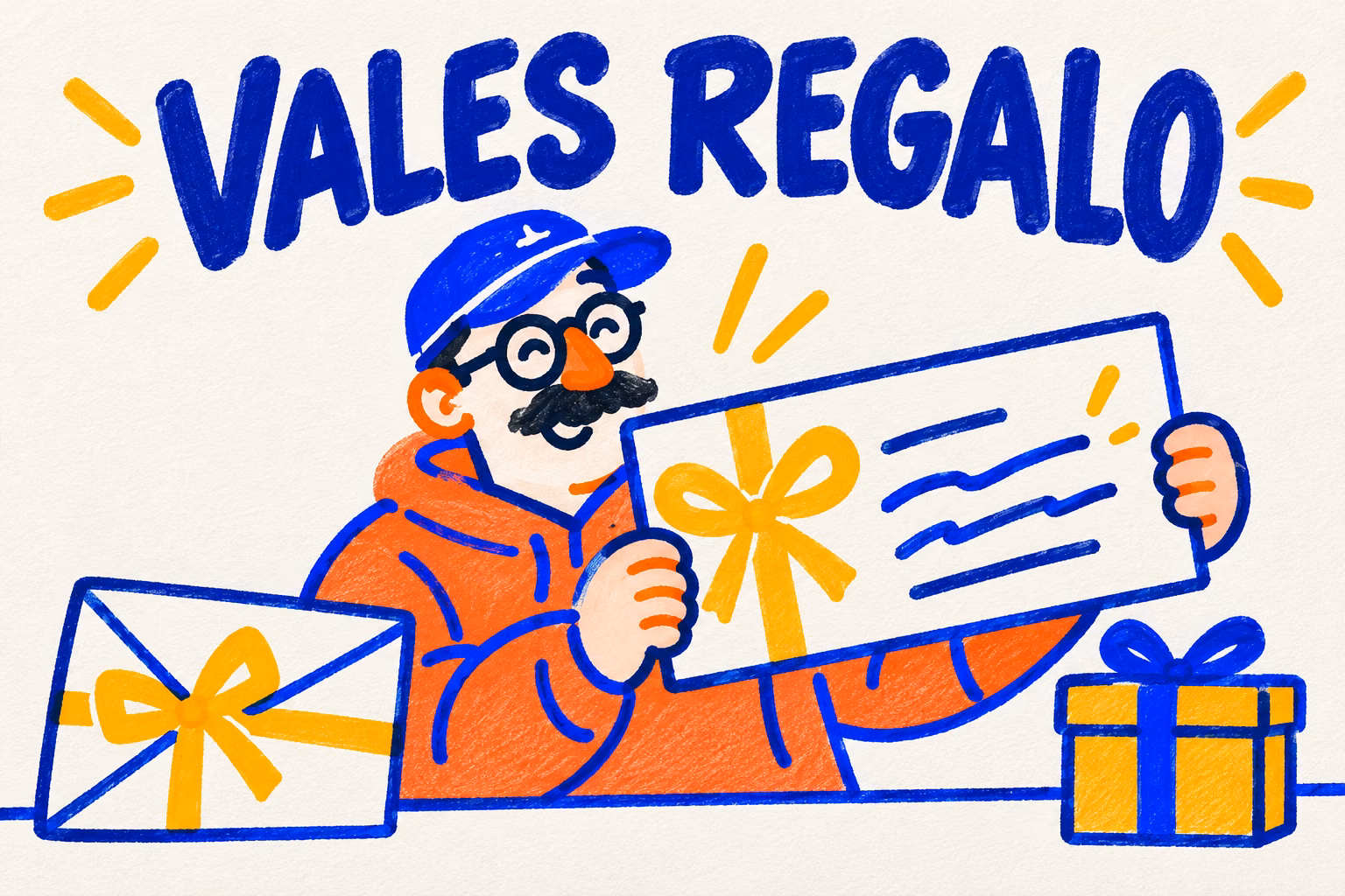 Creativo ilustrado sosteniendo un vale regalo junto a un sobre y una caja en tonos azul, naranja y amarillo