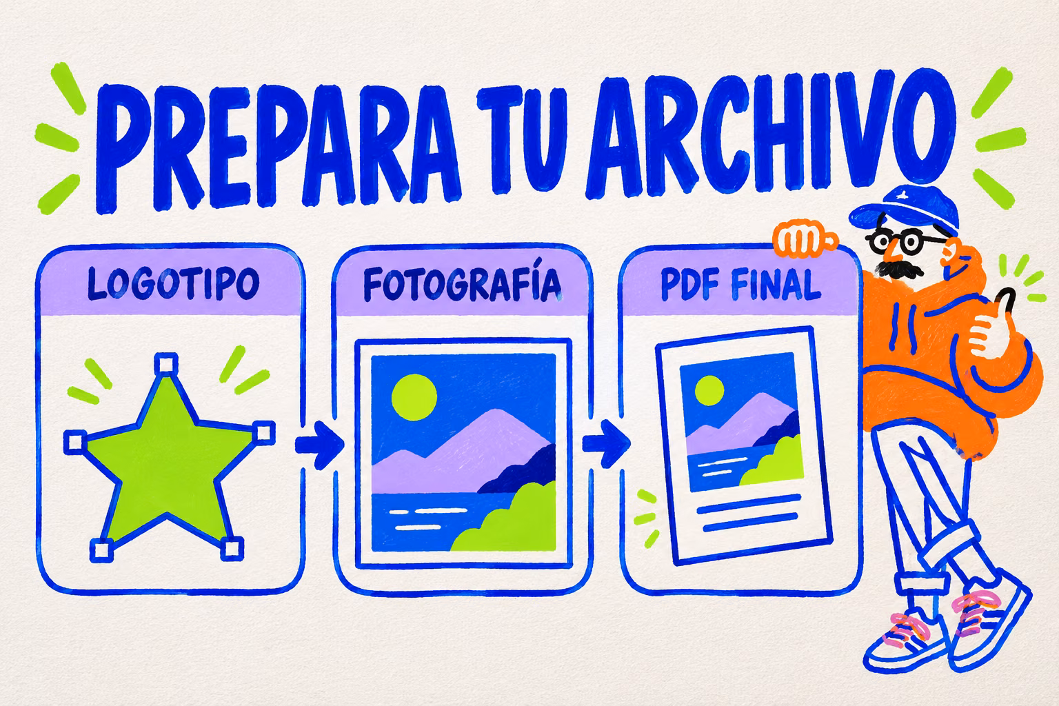 Infografía ilustrada para preparar un logotipo, una fotografía y el PDF final