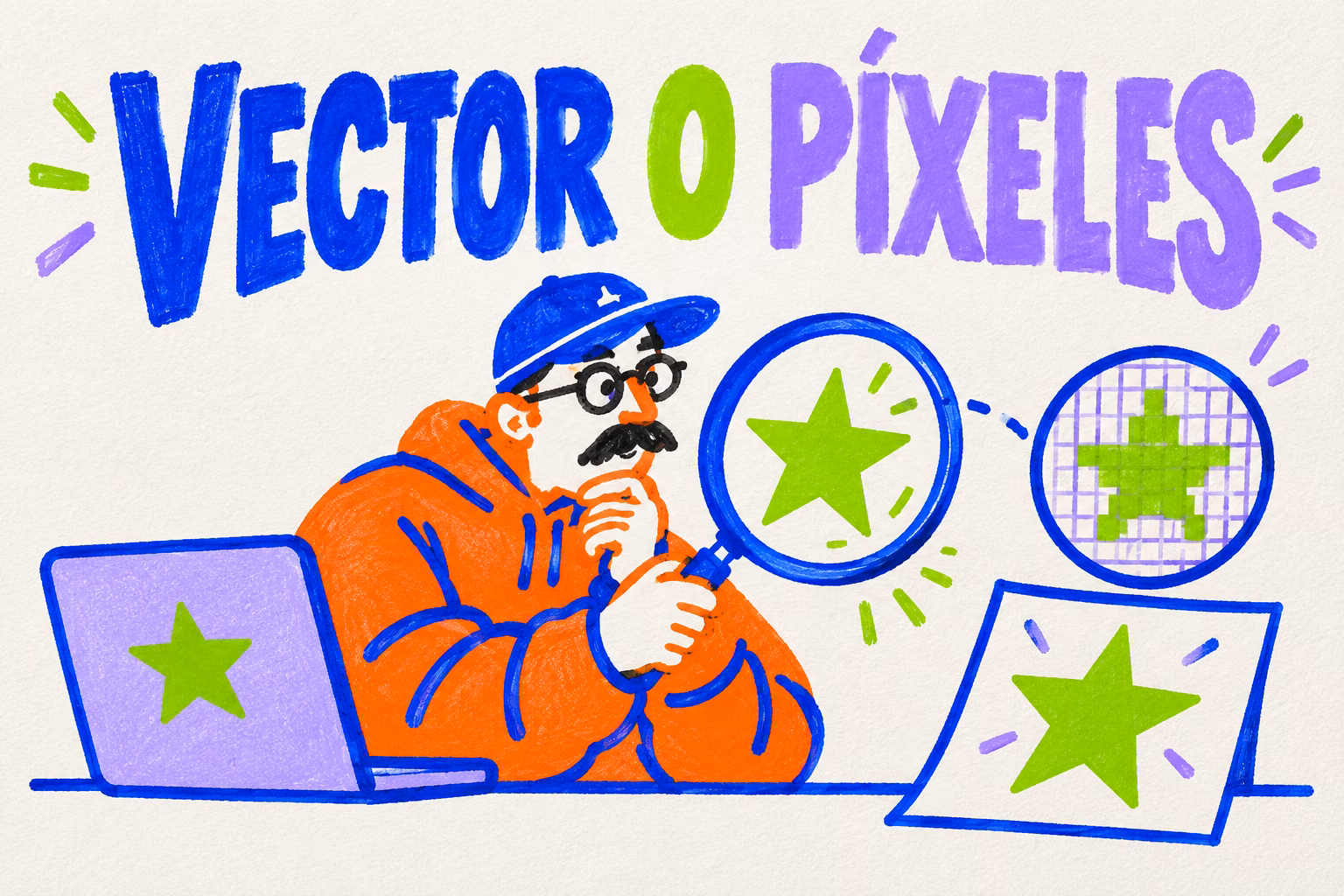 Creativo ilustrado observando una estrella de contorno nítido y otra con píxeles