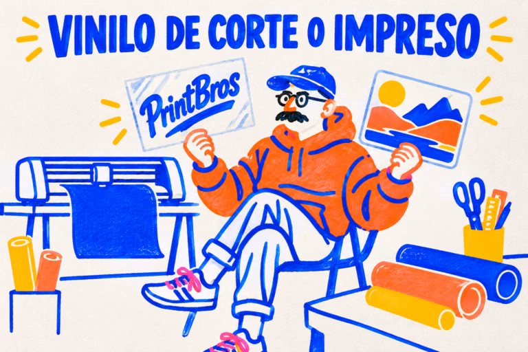 Creativo ilustrado comparando letras de vinilo de corte y una imagen impresa multicolor