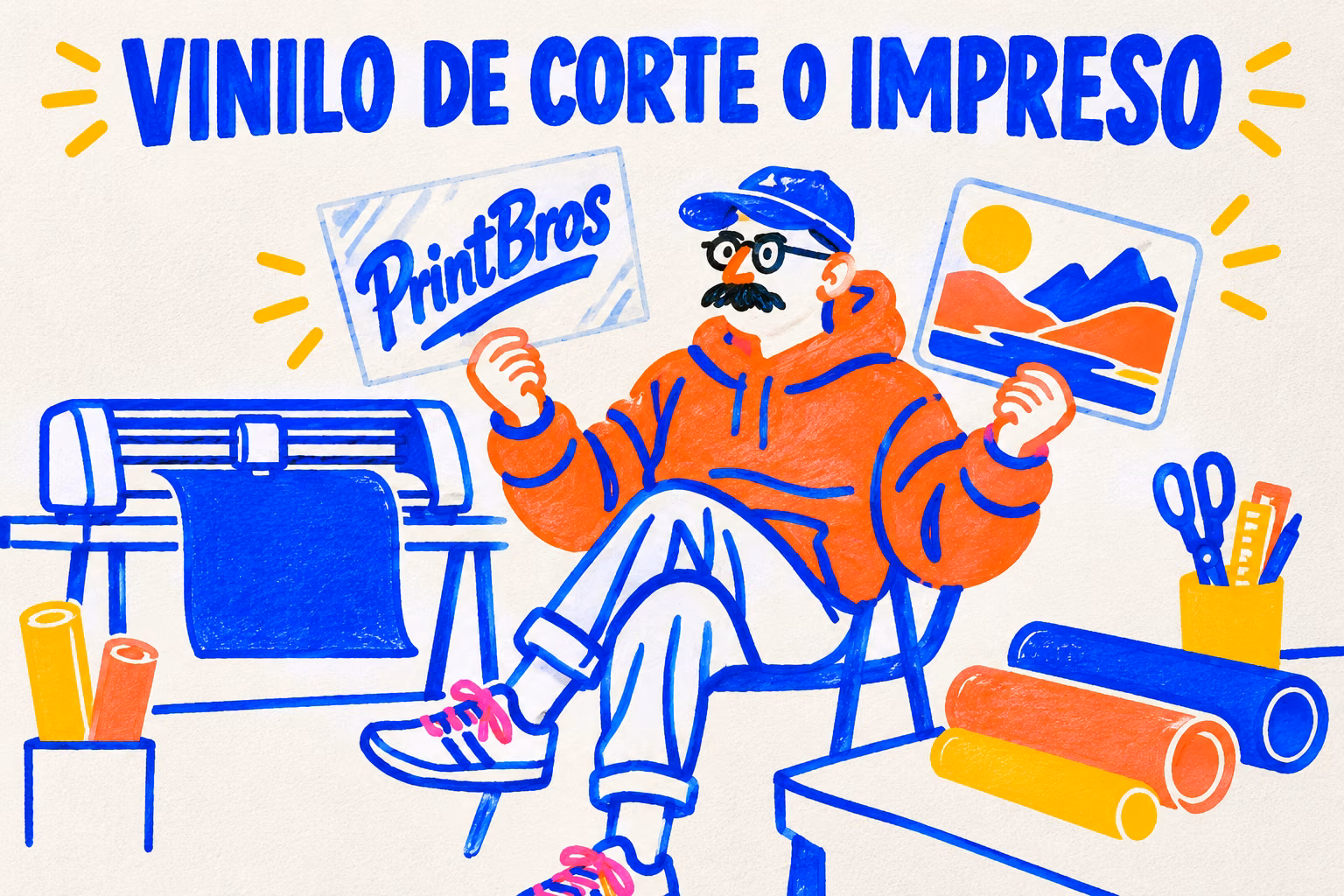 Creativo ilustrado comparando letras de vinilo de corte y una imagen impresa multicolor