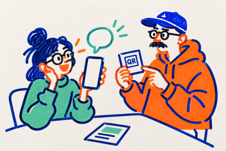 Ilustración de dos personas usando un móvil junto a una tarjeta con un icono QR