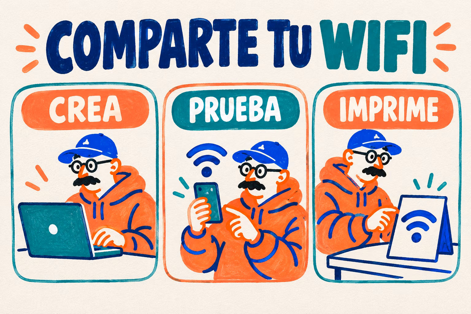 Infografía ilustrada para compartir Wi-Fi: crear, probar e imprimir