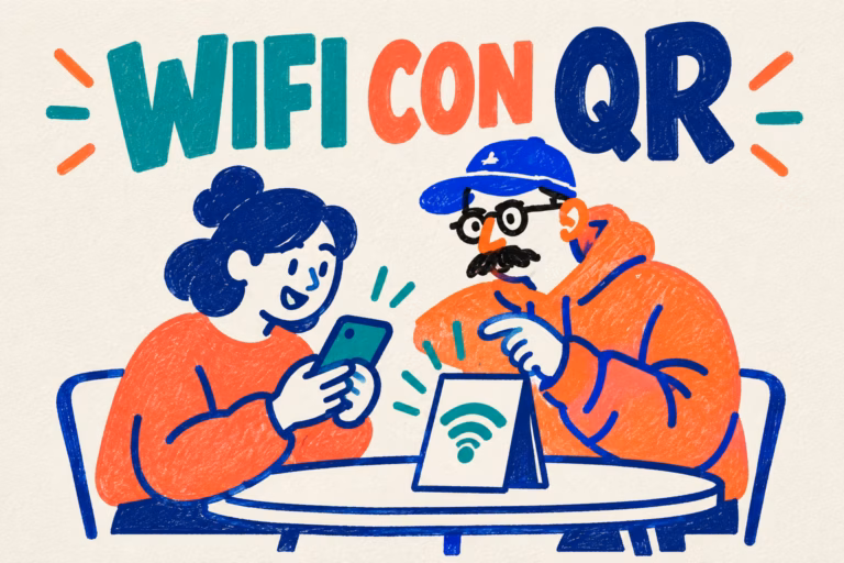 Creativo ilustrado ayudando a una visitante a conectar al Wi-Fi junto a un cartel de mesa